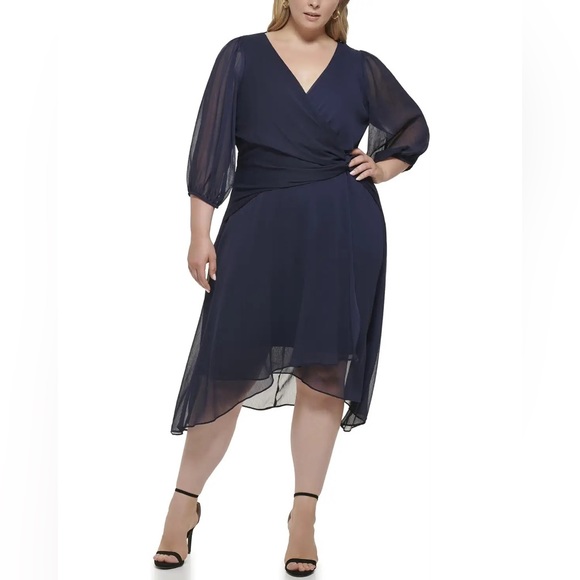 DKNY Women's Embroidered Faux Wrap Sheer Sleeve Dress Blue Size 2